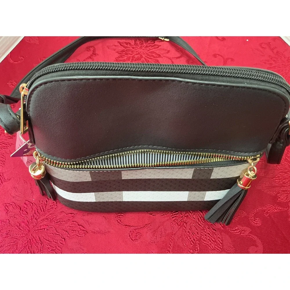 New Vegan Leather Plaid Crossbody Bag Black Grey White Tassel Dome Purse - Picture 5 of 14